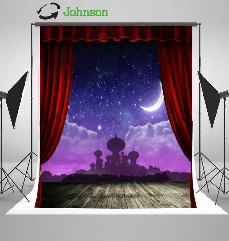 

Night Sky Crescent Moon Aladdin Red Curtain Stage Wood background polyester or Vinyl cloth Computer print wall backdrop