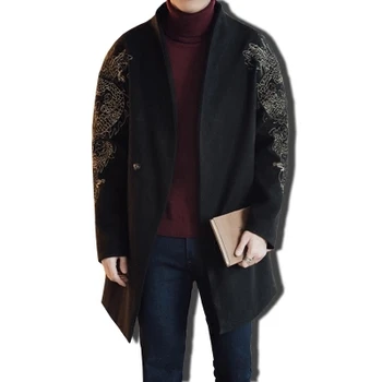 

Chinese Style Men's Long Trench Coats Brand New Winter Men Casual Slim Fit Homme Thick Embroidery Outwear Overcoat 5XL