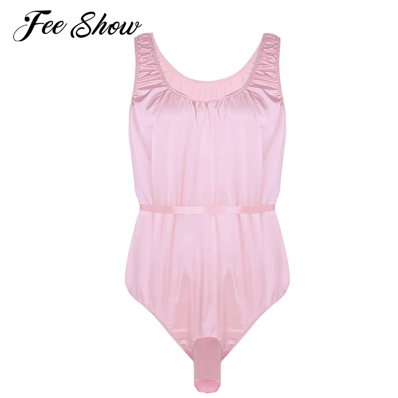 

Men's One-Piece Shiny Satin Sissy Panties Sexy Soft Lingerie Sleeveless Open Sheath Briefs Slim Fit Bodysuit Nightwear Sleepwear