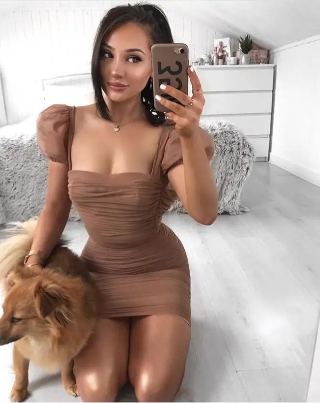 

Brown Color Fashion Puff Sleeve Square Collar Sexy Bodycon Mini Dress Mesh Club Night Dress Wholesale