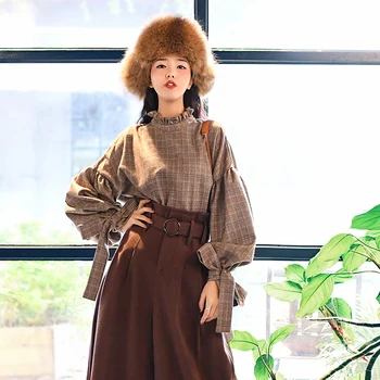 

SpringAutumn Women Vintage Palace Style Ruffled Collar Lantern Sleeve Plaid Casual Loose All-Match Cotton Shirts