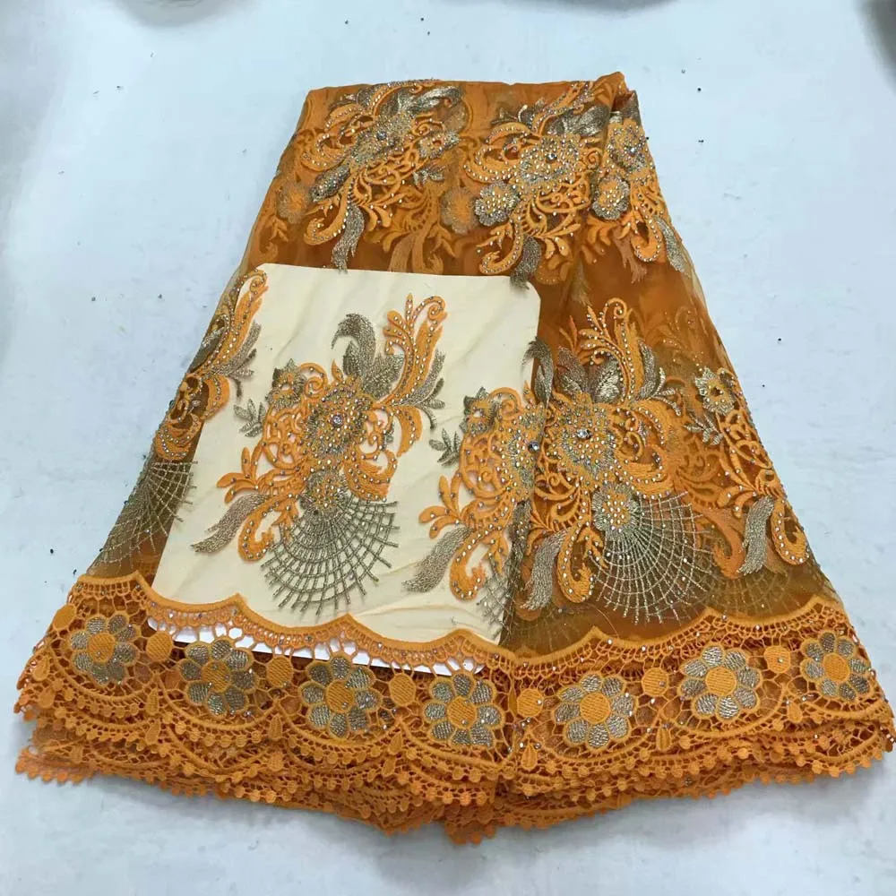 

Orange Latest African Lace Fabrics Embroidered French stone Lace Fabric 2018 Nigerian French Net Lace Fabrics