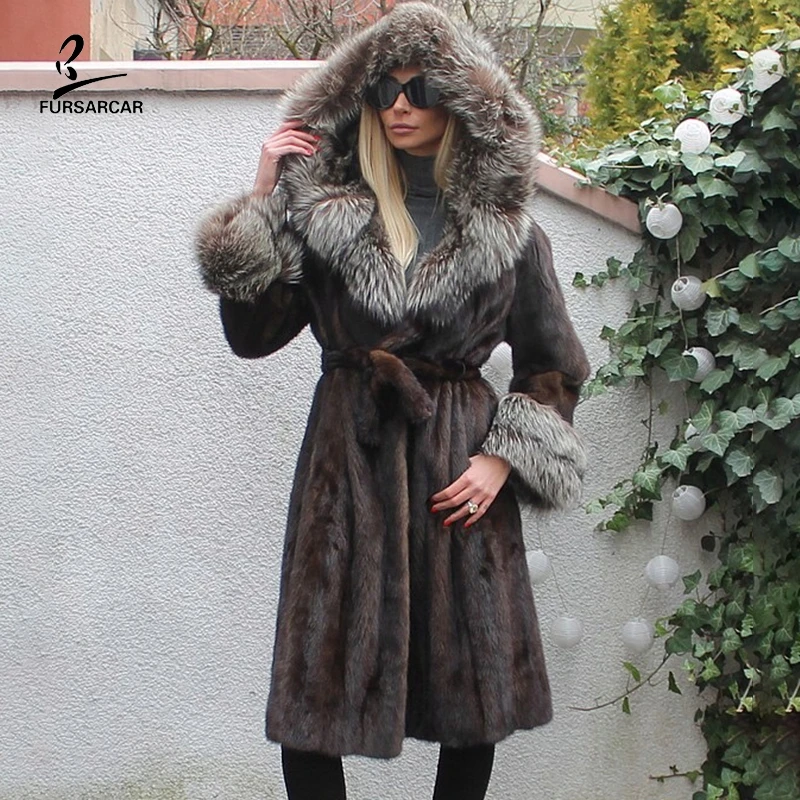 

FURSARCAR 2021 New Women's Winter Real Brown Mink Fur Coat For Female Genuine Natural Fur Jacket With Raccoon Fur Collar Cuff