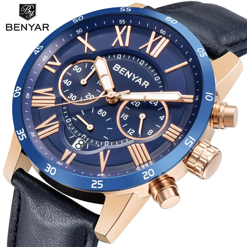 

Top Luxury Brand BENYAR Men's Watch Fashion Quartz Leather Waterproof Casual Sports Watches Chronograph Clock Relogio Masculino
