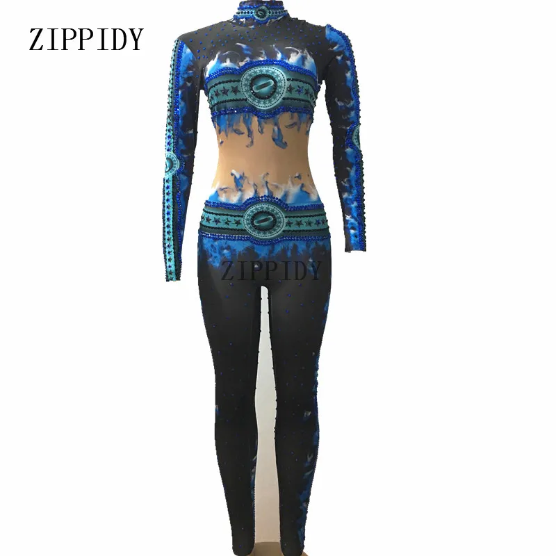 

Blue Stars Beads Leggings Jumpsuit Sexy Stage Show Dance Wear Bodysuit Prom Celebrate Outfit Performance One-piece bodsuits