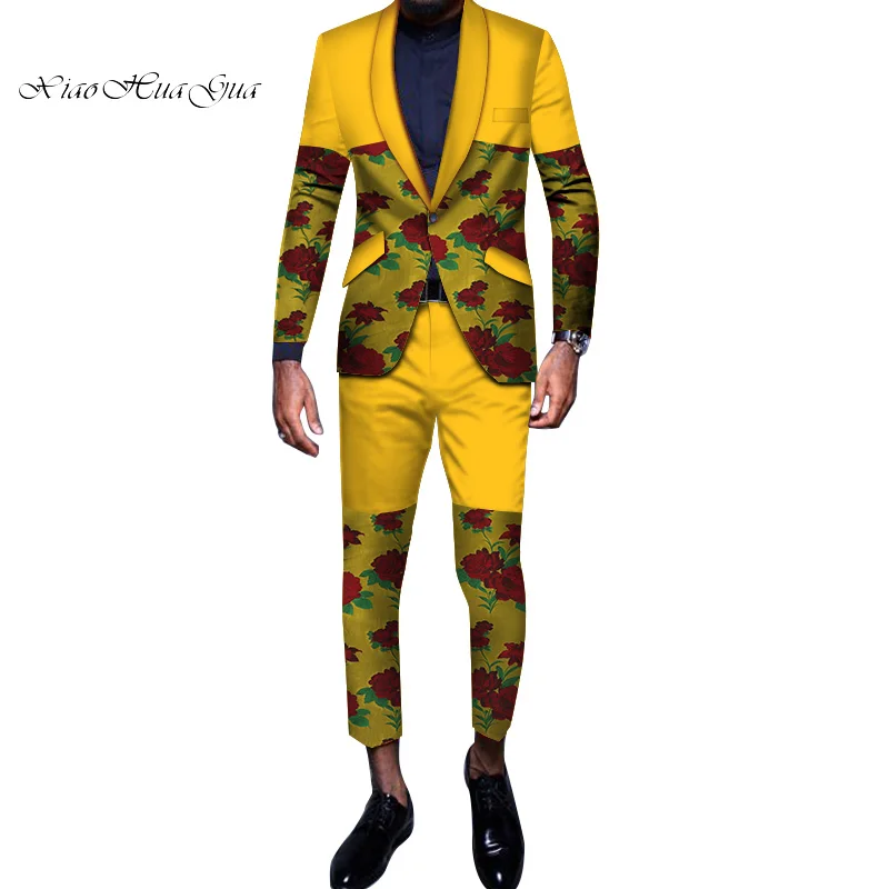 Комплект из 2 предметов, блейзер и штаны, вышитая мужская одежда в африканском стиле, Анкара Базен риче, Африканский воск, комплекты с топом и штанами, WYN606