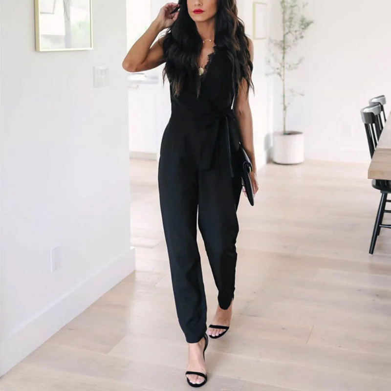 

2019 Women Spring Summer Sexy Vest Solid Color Deep V Jumpsuit Lace High Waist Long Jumpsuit