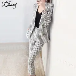 Ellacey бренд новый 2019 женский костюм мода клетчатые брюки костюм High Street Комплект женщина 2 шт. брюки решетки женские брюки костюм