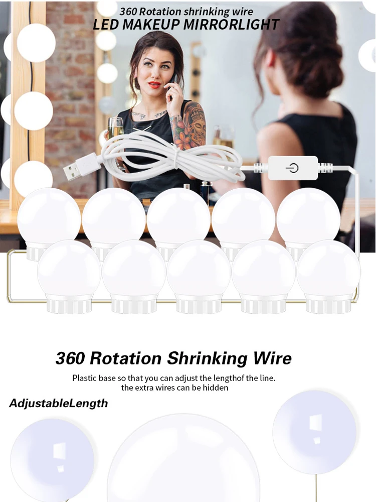 Hollywood Style Makeup Mirror Vanity LED Light Kit 10 Dimmable Bulbs USB Charging Port Cosmetic Adjustable Brightness Lights