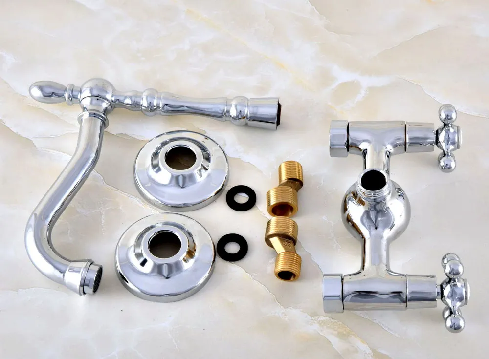 Modern Polished Chrome Brass Wall Mounted Bathroom Basin Kitchen Sink Faucet Swivel Spout Mixer Tap Dual Cross Handles anf582