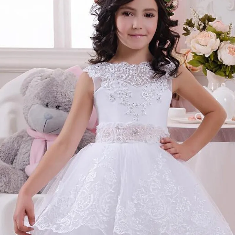 Белые Платья с цветочным узором и бантом для девочек, свадебное платье с аппликацией из бисера для девочек платье принцессы для девочек вечерние платья для девочек день рождения, для детей возрастом от 2 до 13 лет
