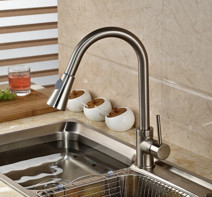 

Modern Brushed Nickle Deck Mounted Spring Kitchen Faucet Mixer tap 2 Ways Water