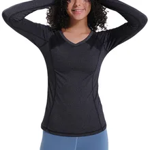 Новая быстросохнущая рубашка для бега, спортивные рубашки с длинными рукавами для женщин, v-образный вырез, приталенная фитнес бегун, блузка, топы, отверстия для большого пальца, тренировочный зал