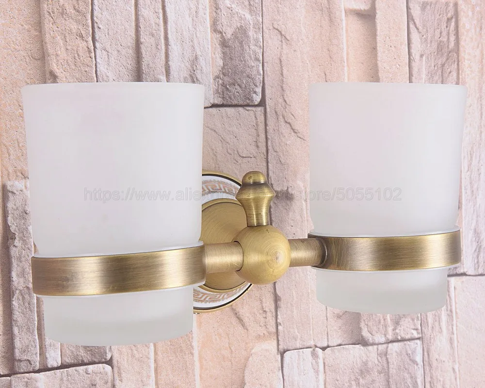 High Quality Bathroom Antique Brass Toothbrush Holder + Two Glass Cups Wall Mounted Bathroom Accessories zba582