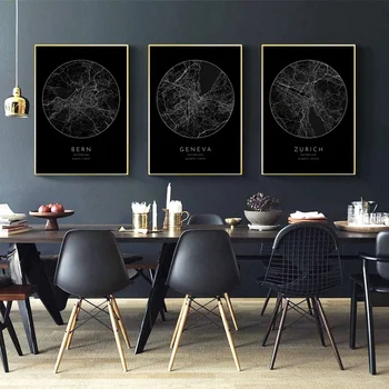 

Black City Maps Switzerland BERN GENEVA ZURICH Canvas Poster Wall Pictures for Living Room No Frame