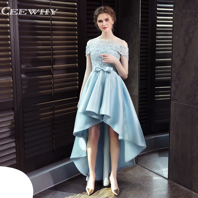 CEEWHY Light Blue High Low Dress Elegant Evening Dress Satin Lace