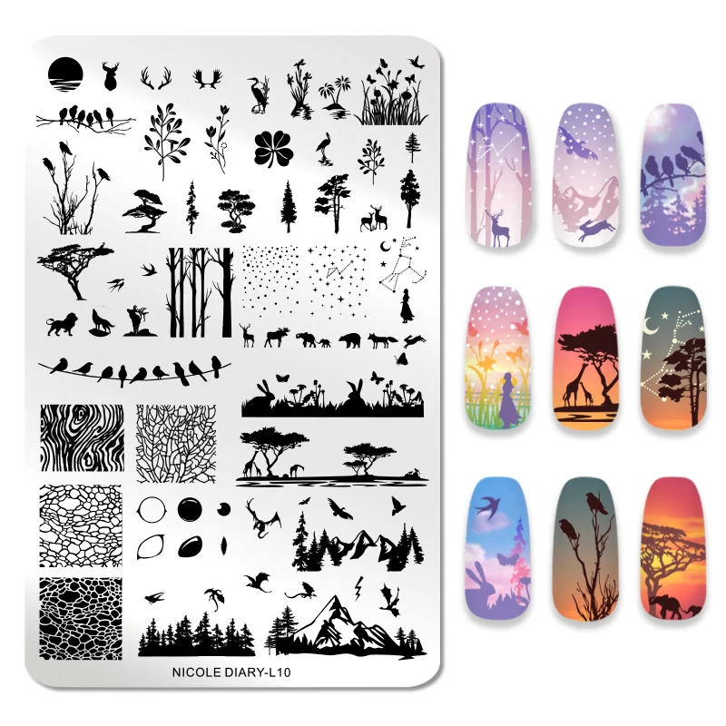 

NICOLE DIARY Nail Stamping Plate Animal Brird Flower Palm Tree Stamp Image Templates Printer Nail Art Stencil Plate Nails Tool