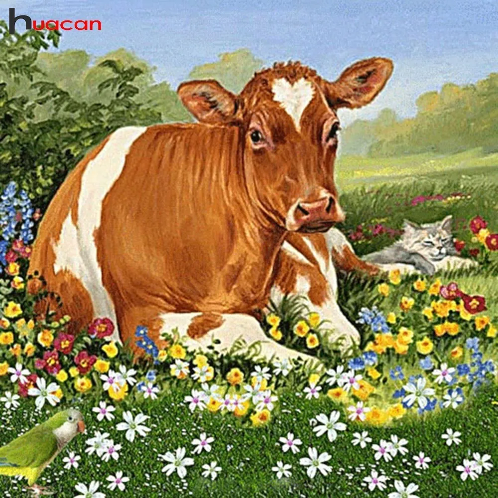 

HUACAN Mosaic Painting Full Square/Round Drill Diamond Embroidery Cow DIY Diamond Painting Animals Cross Stitch Decoration Home