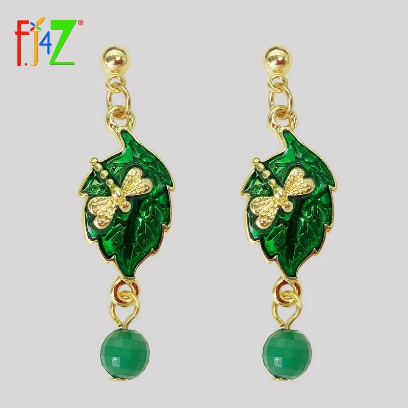 

F.J4Z New Leaf Earrings Lindo Green Enamel Leaves Dragonfly Girl's Earrings Spring & Summer Jewelry Brincos Bijoux pendientes