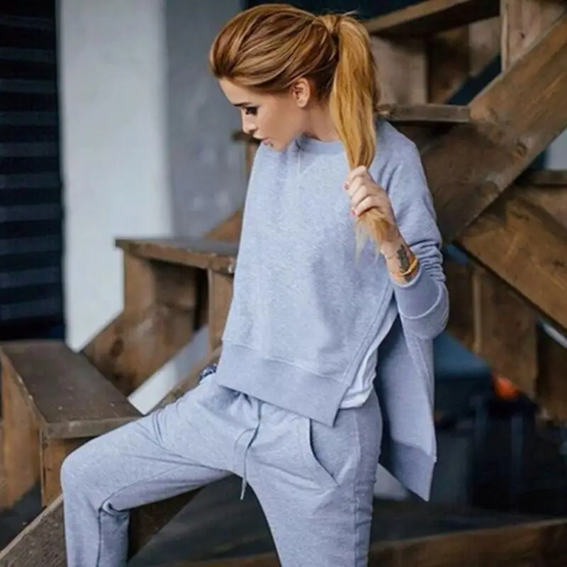 

2018 Fashion Autumn Winter Two Piece Set Womens Tracksuit Solid Color Irregular Open Sets Split the Fork Sweatshirt+pants #H0911