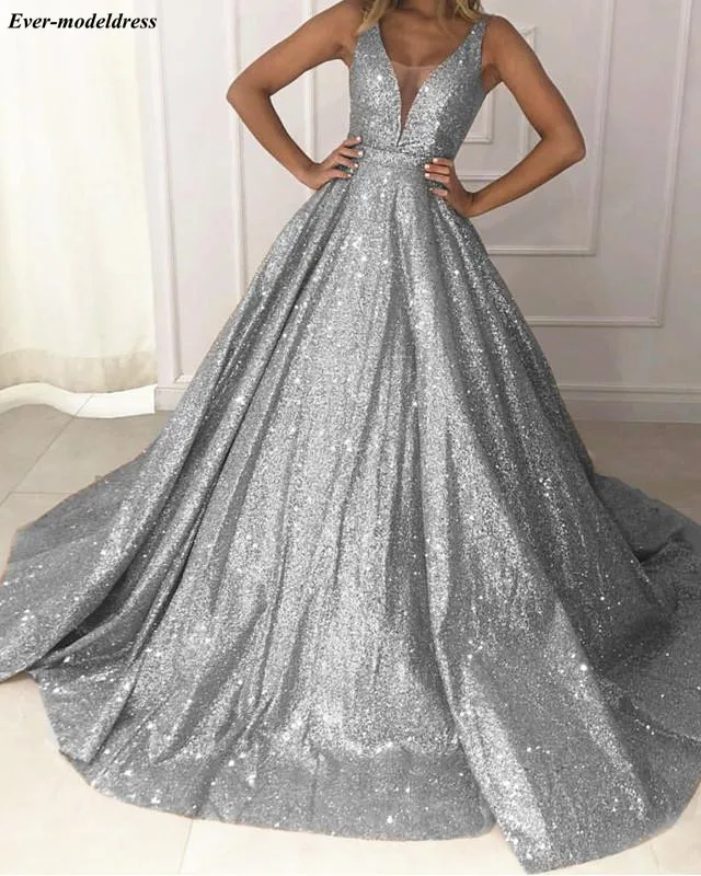 short formal dresses Shiny Luxury Prom Dresses 2021 Long Deep V-Neck Backless Sparkle Tulle A-Line Sexy Evening Party Gowns Robe De Soiree Customized cute prom dresses Prom Dresses