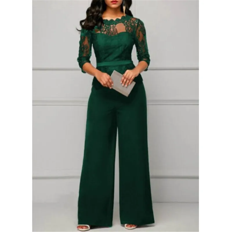 Fashion Women Plus Size Jumpsuit Hot Sale Loose Solid Color Playsuit Party Romper Half Lace Sleeve Party Elegant Long Jumpsuit Fashion Women Plus Size Jumpsuit Hot Sale Loose Solid Color Playsuit Party Romper Half Lace Sleeve Party Elegant Long Jumpsuit