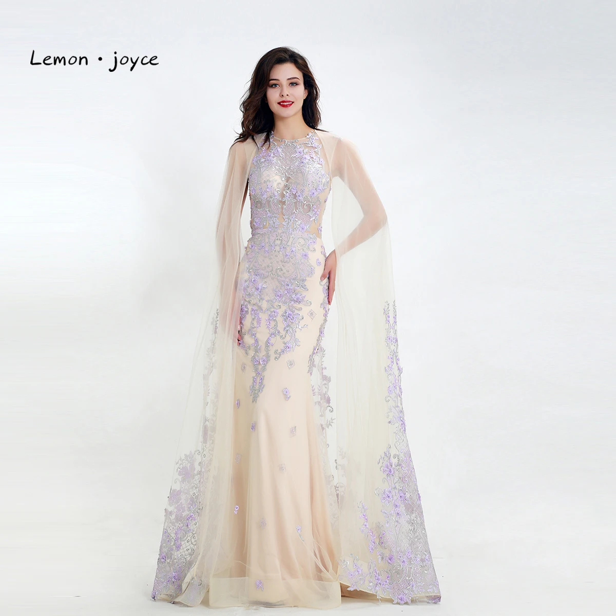 

Lemon joyce Formal Champagne Evening Dresses 2019 Elegant O-Neck with Jacket Appliques Prom Party Gowns robe de soiree