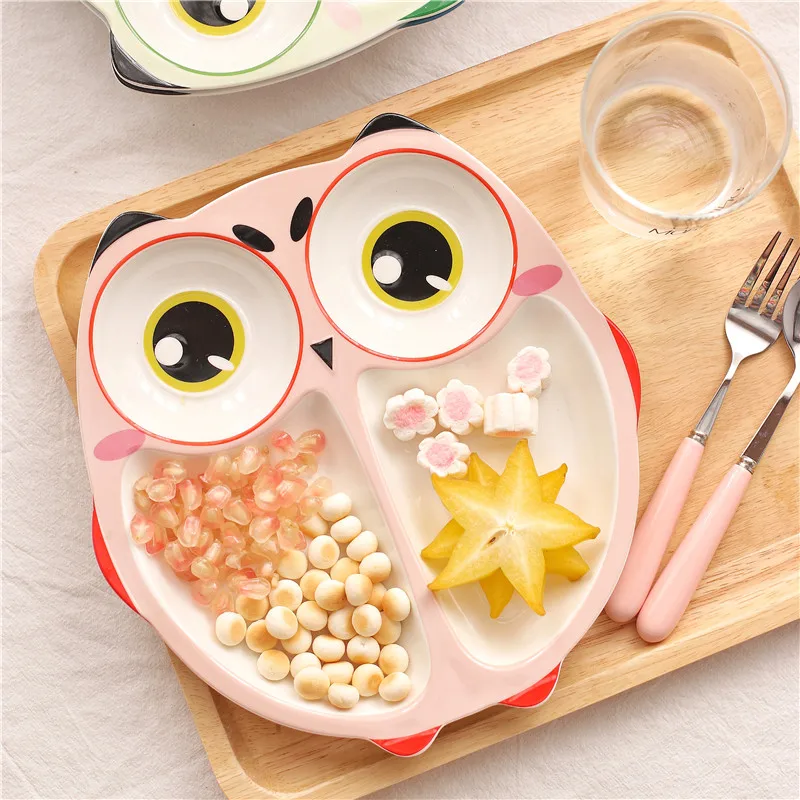 Cartoon Owl Baby Dishes Ceramic Sub-grid Plates Creative Irregular Children Tableware For Infant Toddler Kids Feeding Utensils