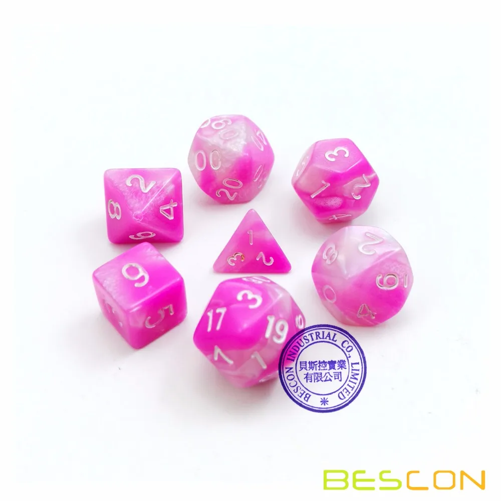 Bescon Mini Gemini Two Tone Polyhedral RPG Dice Set 10MM, Small Mini RPG Role Playing Game Dice D4-D20 in Tube, Pink Blossom