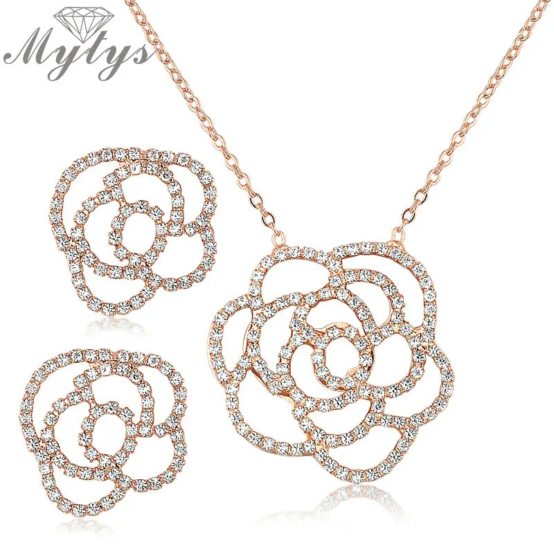 

Mytys Hollowed Crystal Flower Earrings Necklace Jewlery Set Rose GP N93
