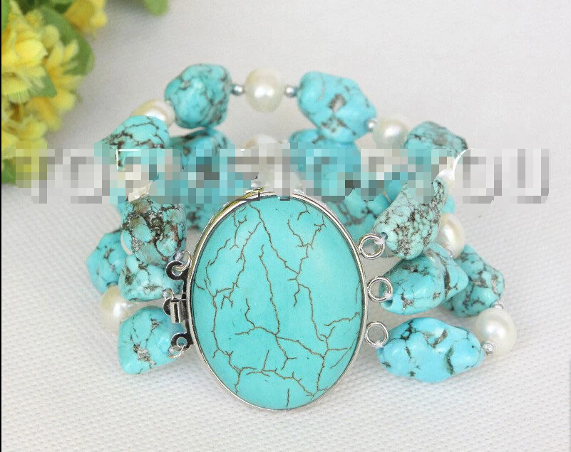 

Free shipping >>>>>>Natural 8" 3row Natural baroque white pearls blue turquoise bracelet E3779