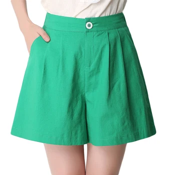

New Summer Style Women Cotton Linen Shorts Green Casual Loose Wide Leg Shorts Elastic High Waist Shorts For Women 3XL 4XL