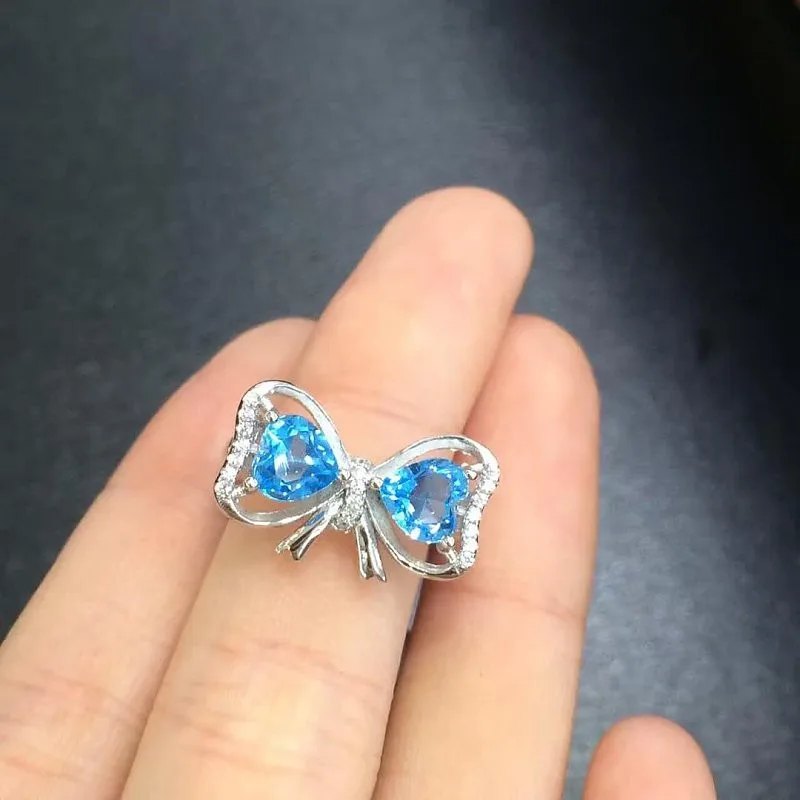 Qi Xuan_Blue Stone Bowknot ювелирные изделия Rings_Finger Rings_S925 Твердые серебряные модные синие кольца производитель прямые продажи