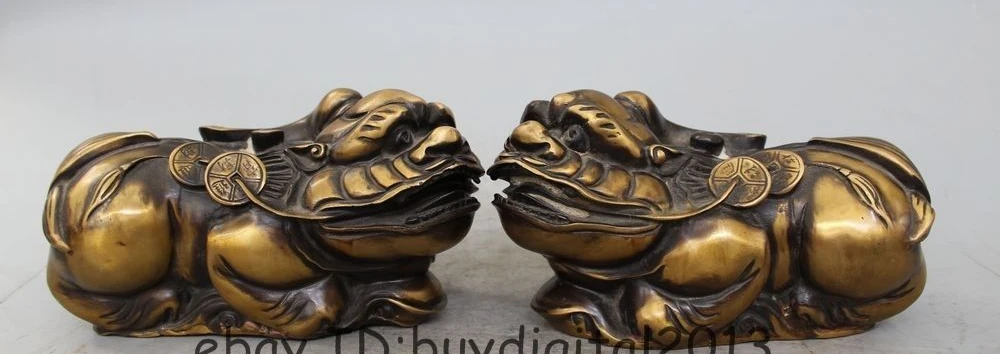 

5" Chinese Bronze Wealth Money Guardian Dragon Beast Kylin Pi Xiu Sculpture Pair