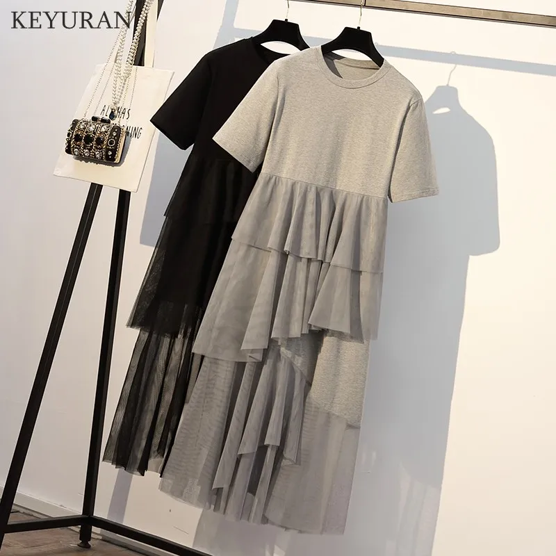 

2019 Summer New Style Round Collar Short Sleeve Asymmetrical Mesh Patchwork Short Sleeve Pullovers Casual Dress Women Plus Size
