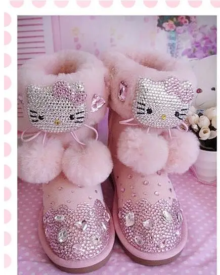 Hello Kitty dibujos animados de lujo del diamante plana mujeres botas de  nieve, hechos a mano moda mujeres de rosa cuero genuino Rhinestone botas|boot  jacks|boots romeboots bottom - AliExpress