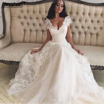 

Fashion Cap Sleeve V Neck Wedding Dress Lace wedding gowns abiti da sposa vestido de casamento bridal gowns Robe de mariage