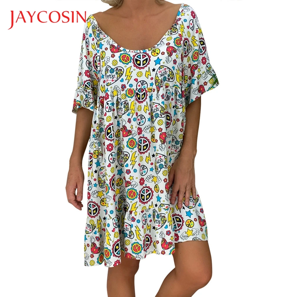 

JAYCOSIN 5XL Dress women Loose Print Short Sleeve Mini Sundress Summer Dress Ruffle Boho Floral Print Vestidos Femme Plus Size 7