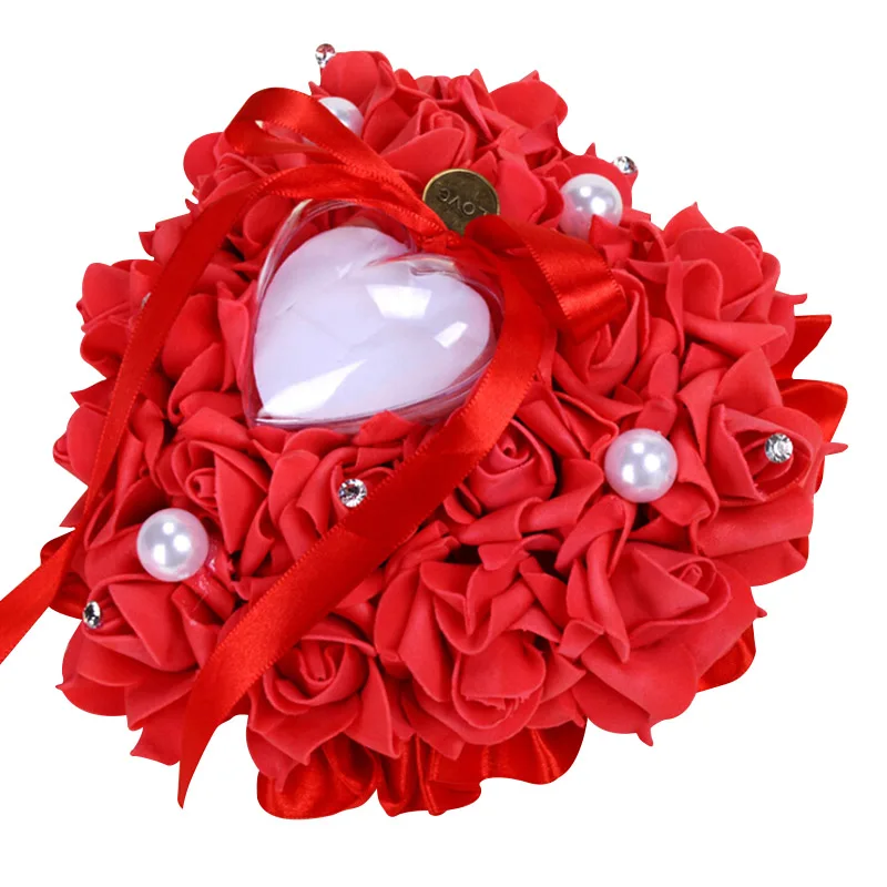 

Satin Wedding Ring Pillow Cushion Heart Shape Ring Box Artificial Silk Rose Flowers Jewelry Case Valentine Day Gift Party Decor