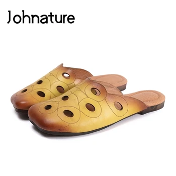 

Johnature Genuine Leather Solid Summer Slipper Outside Totem Flat With Handmade Hollow Sandals Casual Fashion Sandal Women Shoes