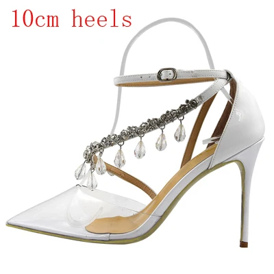 Новое поступление, женские туфли-лодочки из прозрачного ПВХ или черного атласа с перекрестными ремешками и цепочками, модельные Вечерние туфли на высоком тонком каблуке - Цвет: white 10cm