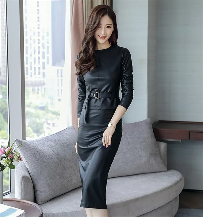2019 осень-зима Корейская женская блузка с длинным рукавом + юбка-карандаш комплект из двух предметов кожаная женская офисная одежда A1524
