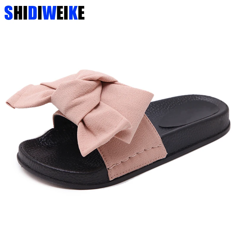 

2019 Sweet Bowtie Women's Sandals Summer Fashion Platform Flat Slippers Slides Slip On Casual Beach Shoes Women Plus Size 35-44