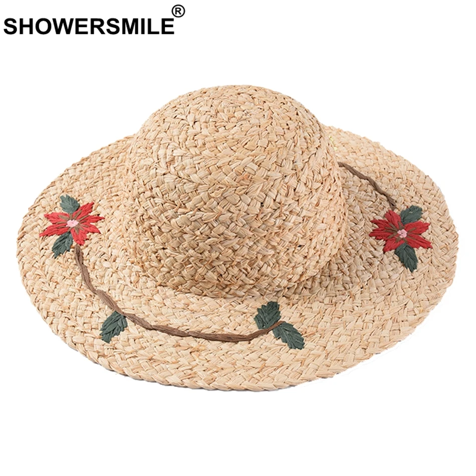 SHOWERSMILE женская шляпа из рафии с вышитыми цветами, женская шляпа от солнца на весну и лето, Цветочная бежевая Женская пляжная соломенная шляпа для отдыха