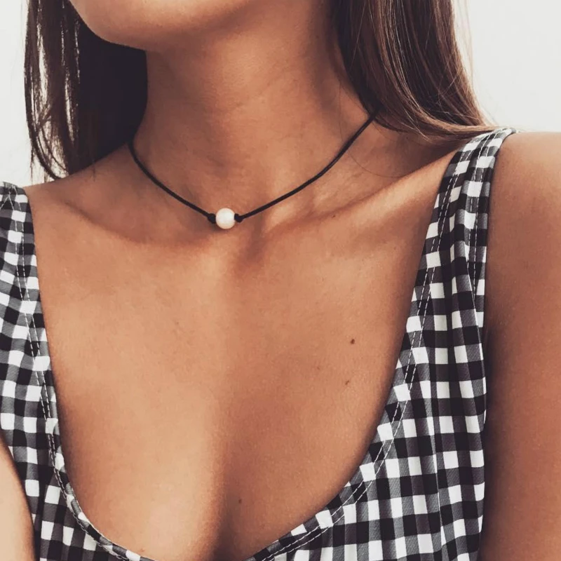 

New Fashion Necklace Knot Imitation Pearl Necklace Leather Cord Necklace Jewelry Selling Women's Wholesale Choker Necklace