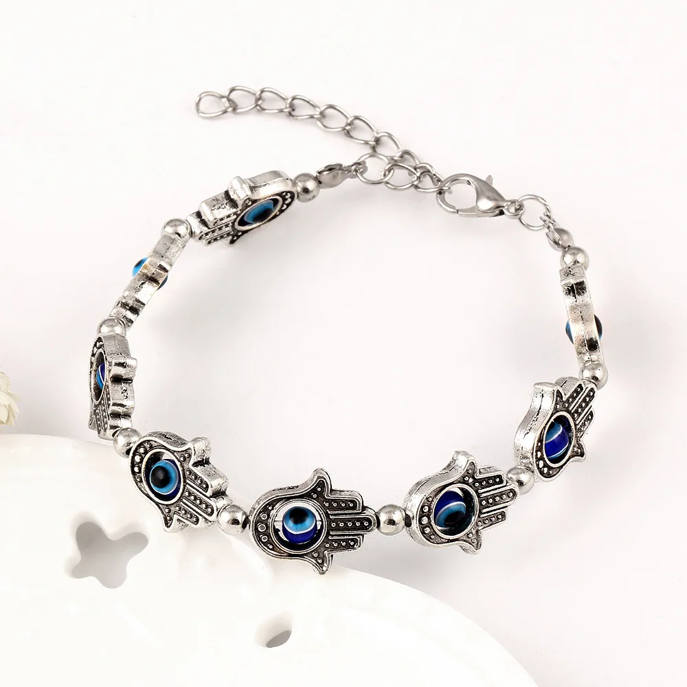 

Antique Silver Plated Hand Of Fatima Hamsa Hand Charm Bracelet Evil Eye Amulet Link Chain Men Women Bangles Wristbands Jewelry
