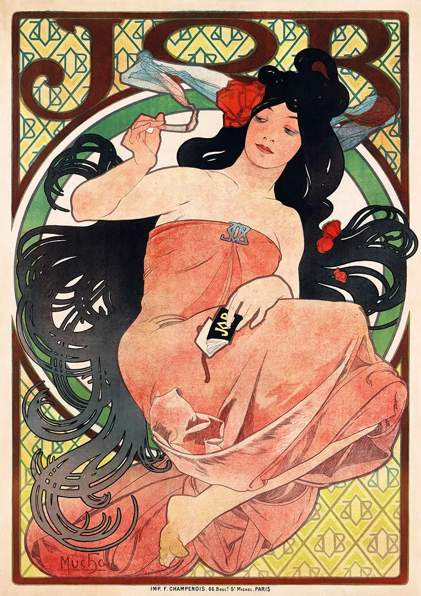 

Art Nouveau Job Cigarette Rolling Papers By Alfonse Mucha SILK POSTER Decorative painting 24x36inch