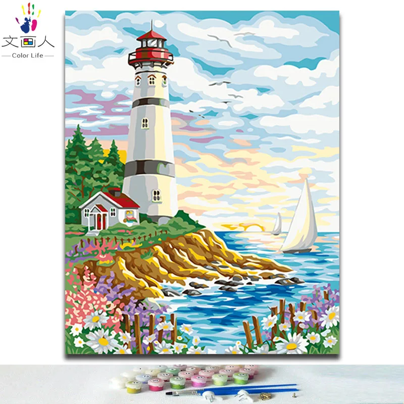 

Lighthouse coast pictures paints by numbers with kits on canvas for women diy 40x50 frame handwork hoom modern wall decoration