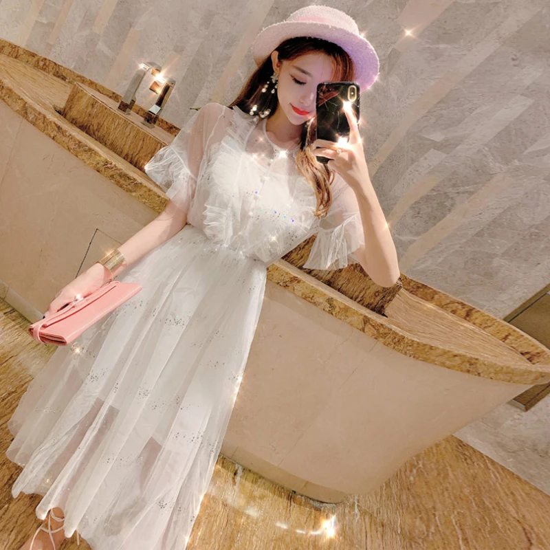 fashion brands new mesh perspective Women's Clothing dresses sweet Korean style ruffles flare sleeve woman dress summer new