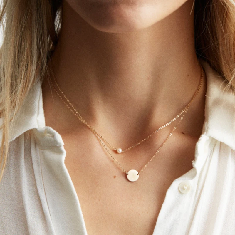 

New Simple Double Layer Chains Round Sequin Pendant Necklace for Women Simulated Pearl Clavicle Necklace Kolye Jewelry XR2029